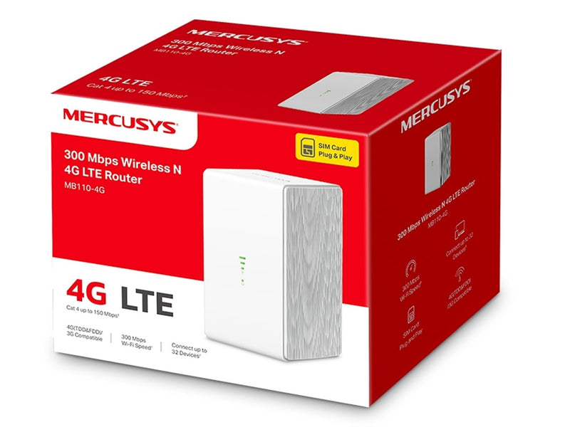 Mercusys MB110-4G N300 Wi-Fi 4G LTE Router, Build-In 150Mbps 4G LTE Modem