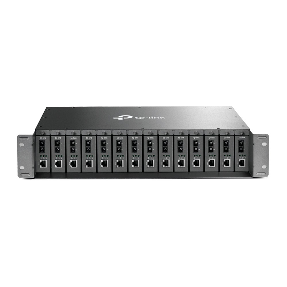 TP-Link MC1400 14-slot unmanaged media converter chassis, supports redundant power supply, with one AC power supply preinstalled, 2U 19-inch rack-mountable