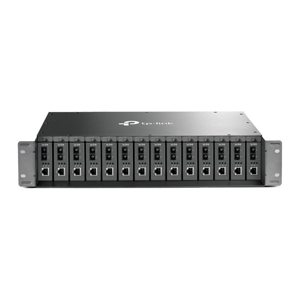 TP-Link MC1400 14-slot unmanaged media converter chassis, supports redundant power supply, with one AC power supply preinstalled, 2U 19-inch rack-mountable