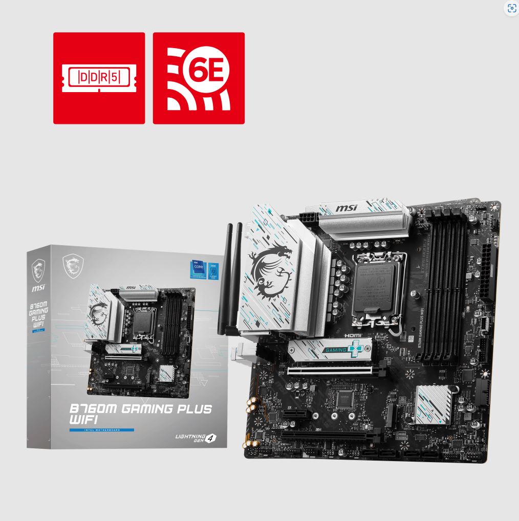 MSI B760M GAMING PLUS WIFI ATX Motherboard, 4x DDR5~192GB, 5x PCI-E x 16, 2x M.2, 4x SATA, 2x USB 3.2 , 4x USB 2.0 1 USBx C