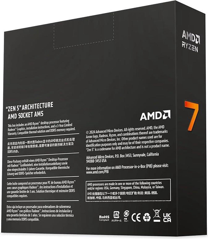 AMD 100-100001404WOF Ryzen 7 9700X 8Cores/16Threads, 65w, Max Boost Clock 5.5 GHz, PCIE 5.0, 32MB Cache, Radeon™ Graphics, 2200 MHz Frequency