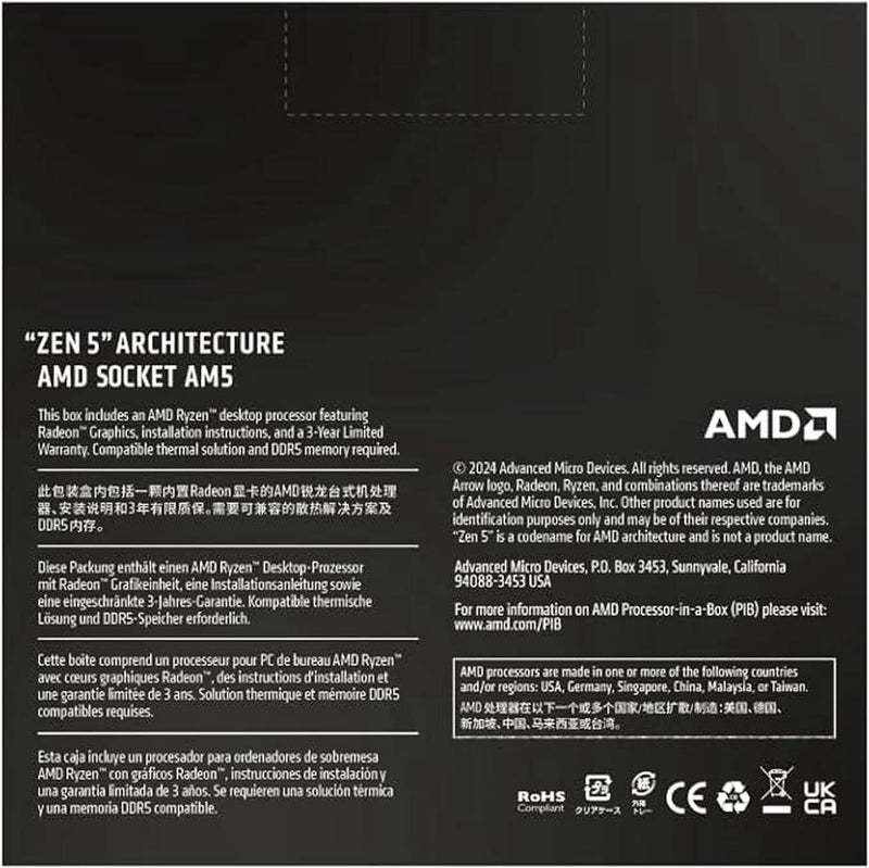 AMD 100-100001404WOF Ryzen 7 9700X 8Cores/16Threads, 65w, Max Boost Clock 5.5 GHz, PCIE 5.0, 32MB Cache, Radeon™ Graphics, 2200 MHz Frequency