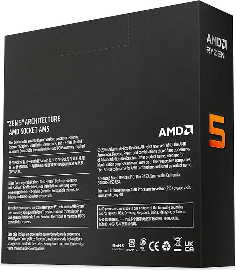 AMD 100-100001405WOF Ryzen 5 9600X 6Cores/12Threads, 65 watts, Max Boost Clock 5.4 GHz, PCIE 5.0, 32MB Cache, Radeon™ Graphics, 2200 MHz Frequency