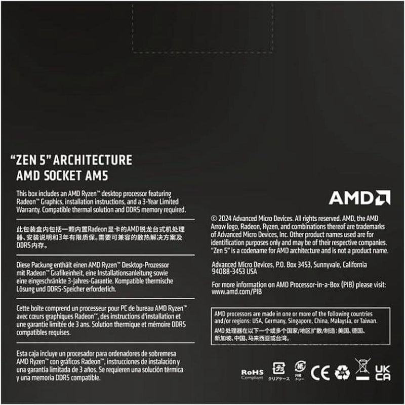 AMD 100-100001405WOF Ryzen 5 9600X 6Cores/12Threads, 65 watts, Max Boost Clock 5.4 GHz, PCIE 5.0, 32MB Cache, Radeon™ Graphics, 2200 MHz Frequency