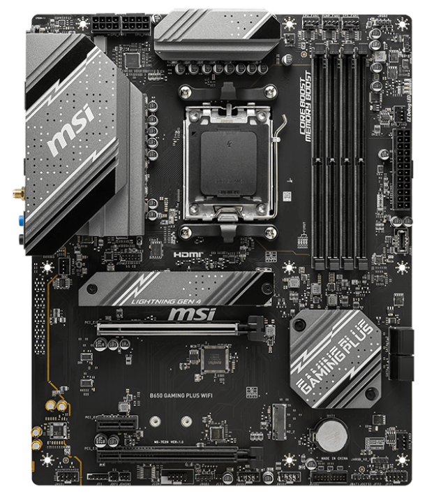 MSI MPG B650 GAMING PLUS WIFI AMD AM5 ATX Motherboard, 4x DDR5 ~192GB, 2x PCI-E x16, 1x PCI-E x1, 2x M.2, 4x SATA, 7x USB 3.2, 1x USB-C