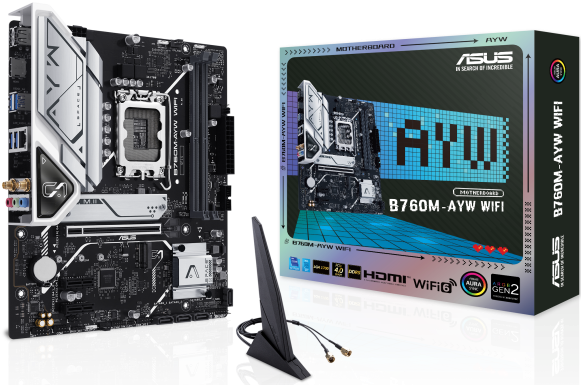 ASUS B760M-AYW WIFI LGA 1700 mATX Motherboard 96GB, 2 X DDR5 , 1 x PCIe 4.0 x16 slot, 2 x M.2 slots , 4 x SATA ,2.5Gb Ethernet,Wi-Fi 6