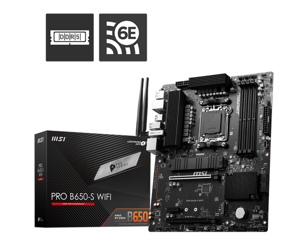 MSI PRO B650-S WIFI AMD AM5 ATX Motherboard, 4x DDR5 ~192GB, 2x PCI-E x16, 2x M.2, 4x SATA, 11x USB 3.2, 4x USB 2.0