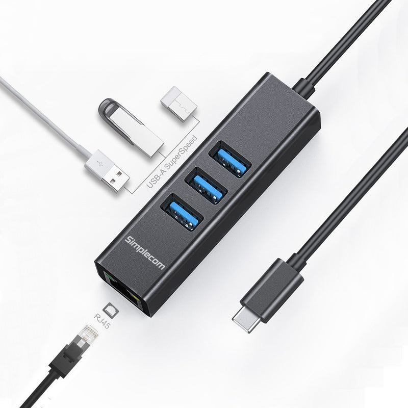 Simplecom CHN421 Aluminium USB-C to 3 Port USB HUB with Gigabit Ethernet Adapter