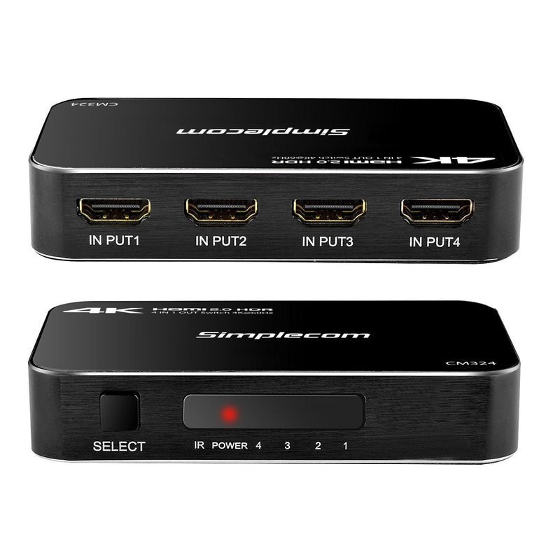 Simplecom CM324 4 Way HDMI 2.0 Switch with Remote 4 In 1 Out Splitter HDCP 2.2 4K @60Hz UHD HDR