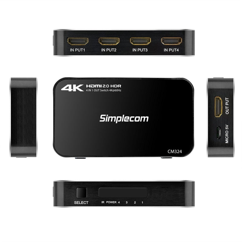 Simplecom CM324 4 Way HDMI 2.0 Switch with Remote 4 In 1 Out Splitter HDCP 2.2 4K @60Hz UHD HDR