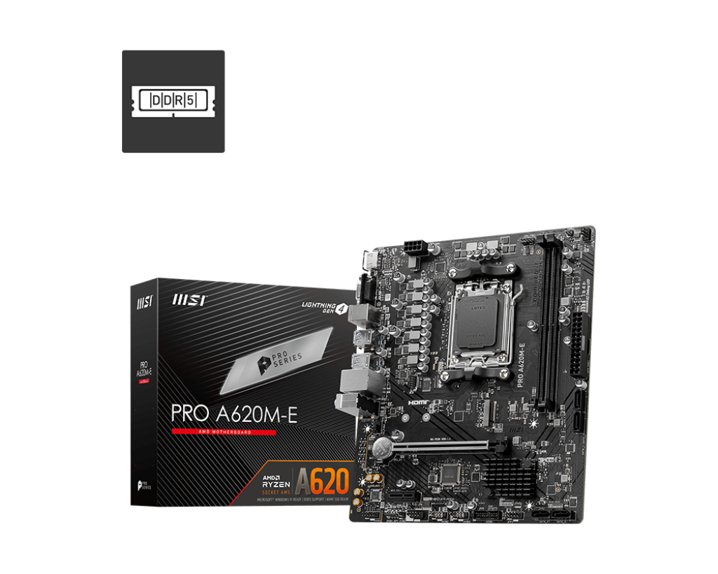 MSI PRO A620M-E AM5 Micro-ATX Motherboard. DDR5, PCIE 4.0