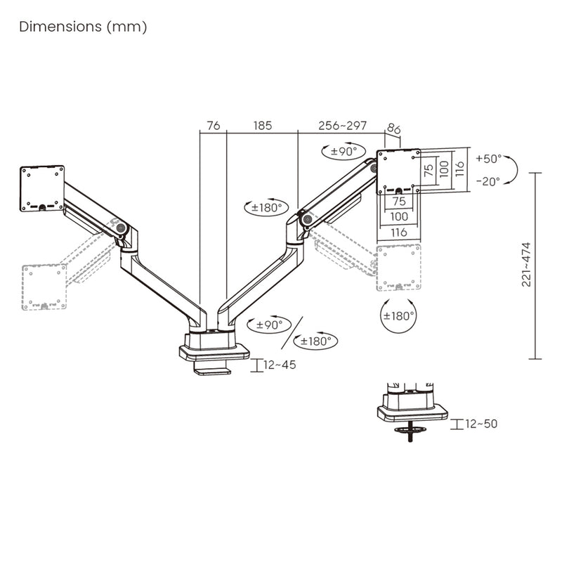 Brateck LDT81-C024-B NOTEWORTHY HEAVY-DUTY GAS SPRING DUAL MONITOR ARM Fit Most 17"-35" Monitor Fine Texture Black